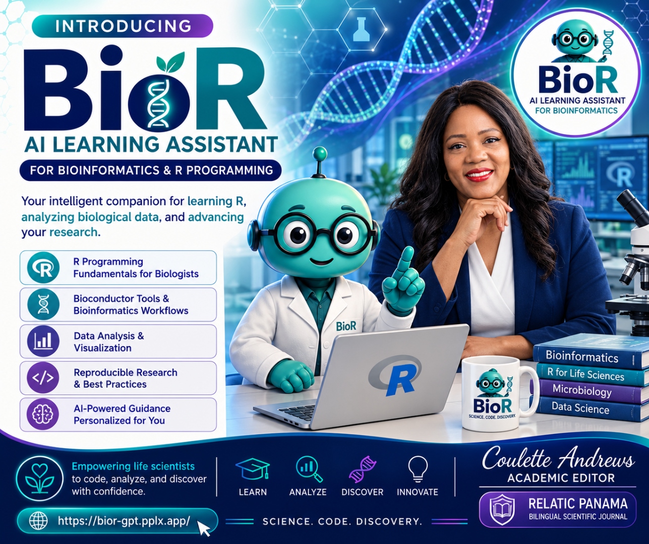 Coulette Andrews with the BioR AI learning assistant mascot in a laboratory, promoting R programming and bioinformatics learning.